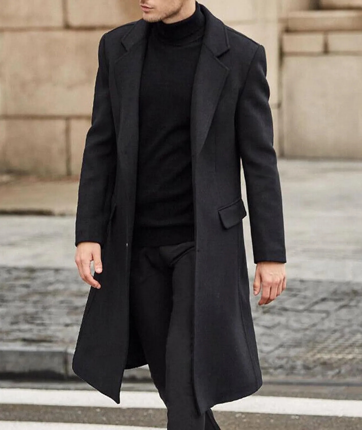 SOMTHRON Men's Casual Trench Coat Slim Fit Notched Collar Long Jacket Overcoat Single Breasted Pea Coat wih Pockets