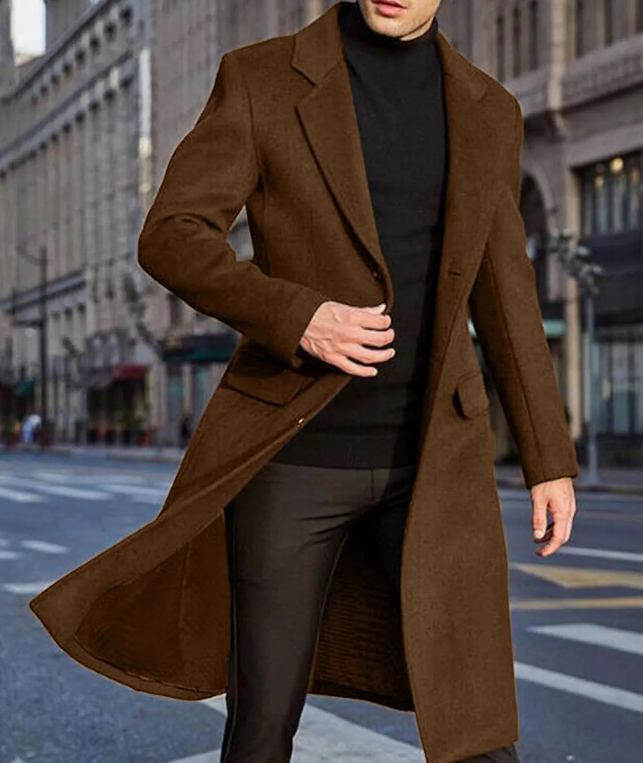 SOMTHRON Men's Casual Trench Coat Slim Fit Notched Collar Long Jacket Overcoat Single Breasted Pea Coat wih Pockets