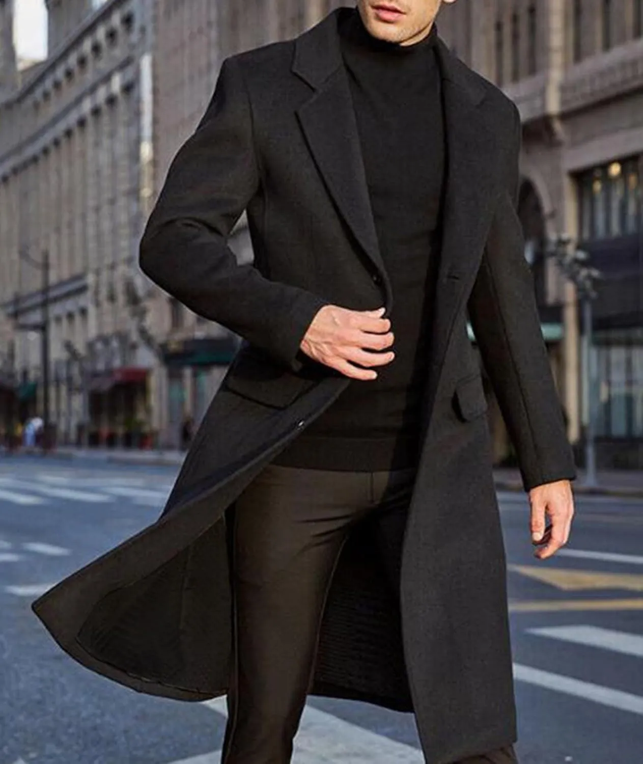 SOMTHRON Men's Casual Trench Coat Slim Fit Notched Collar Long Jacket Overcoat Single Breasted Pea Coat wih Pockets