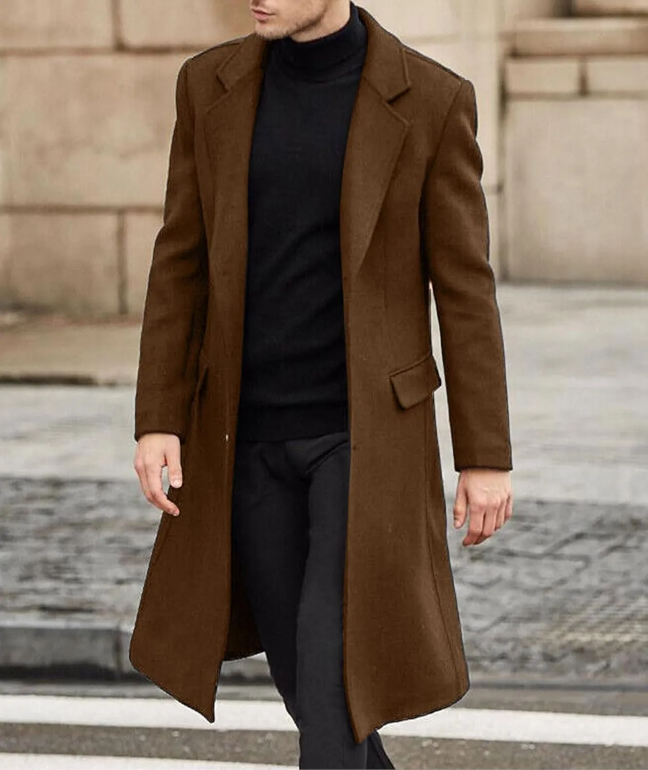 SOMTHRON Men's Casual Trench Coat Slim Fit Notched Collar Long Jacket Overcoat Single Breasted Pea Coat wih Pockets