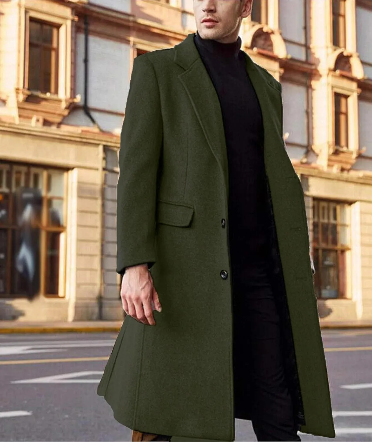 SOMTHRON Men's Casual Trench Coat Slim Fit Notched Collar Long Jacket Overcoat Single Breasted Pea Coat wih Pockets