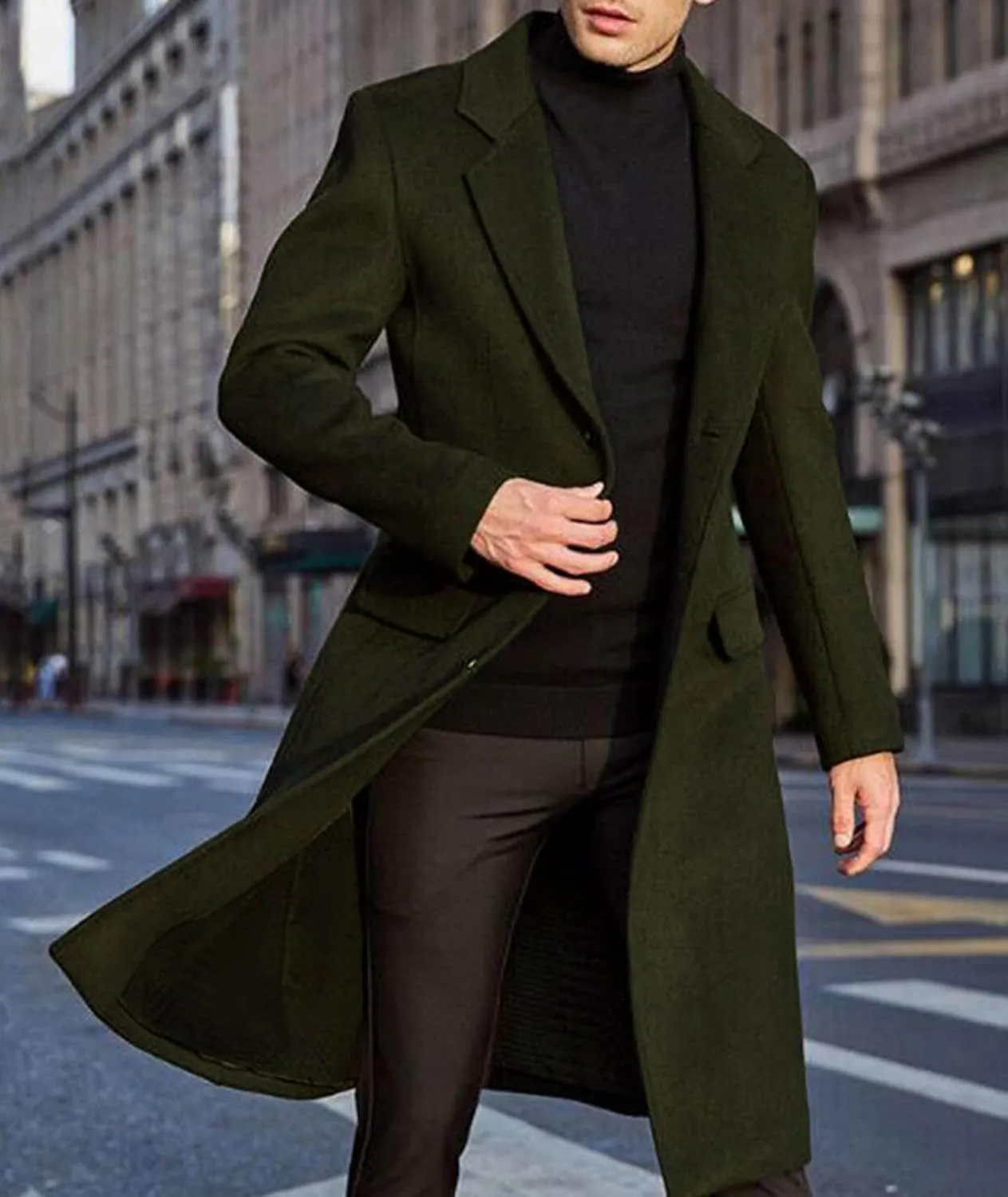 SOMTHRON Men's Casual Trench Coat Slim Fit Notched Collar Long Jacket Overcoat Single Breasted Pea Coat wih Pockets