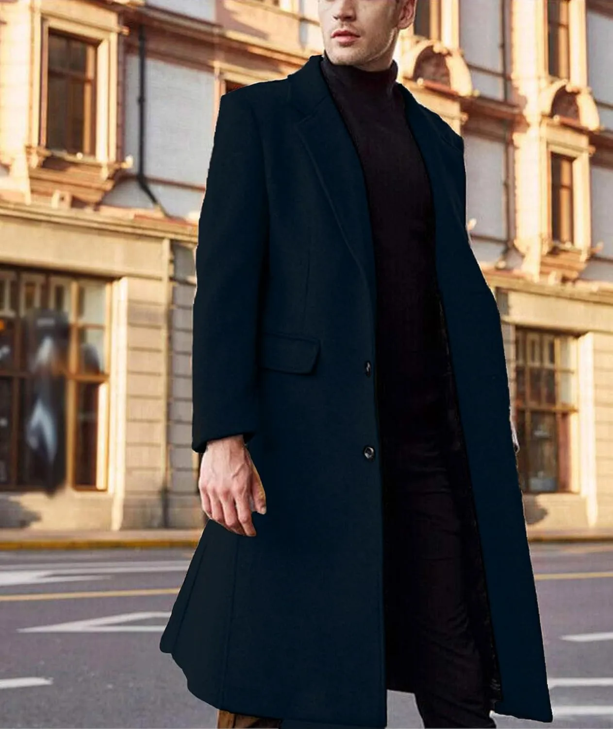 SOMTHRON Men's Casual Trench Coat Slim Fit Notched Collar Long Jacket Overcoat Single Breasted Pea Coat wih Pockets