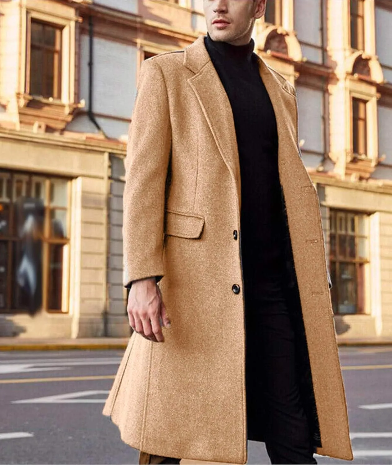 SOMTHRON Men's Casual Trench Coat Slim Fit Notched Collar Long Jacket Overcoat Single Breasted Pea Coat wih Pockets