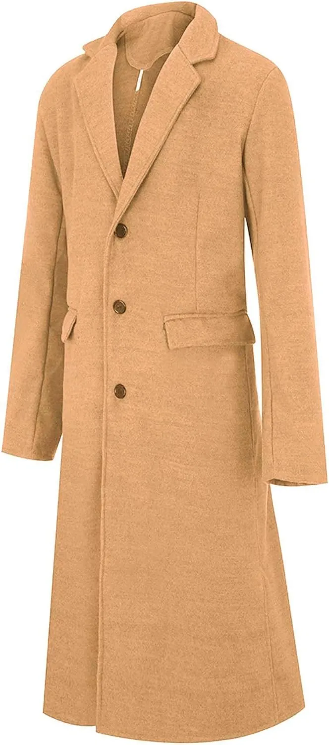 SOMTHRON Men's Casual Trench Coat Slim Fit Notched Collar Long Jacket Overcoat Single Breasted Pea Coat wih Pockets