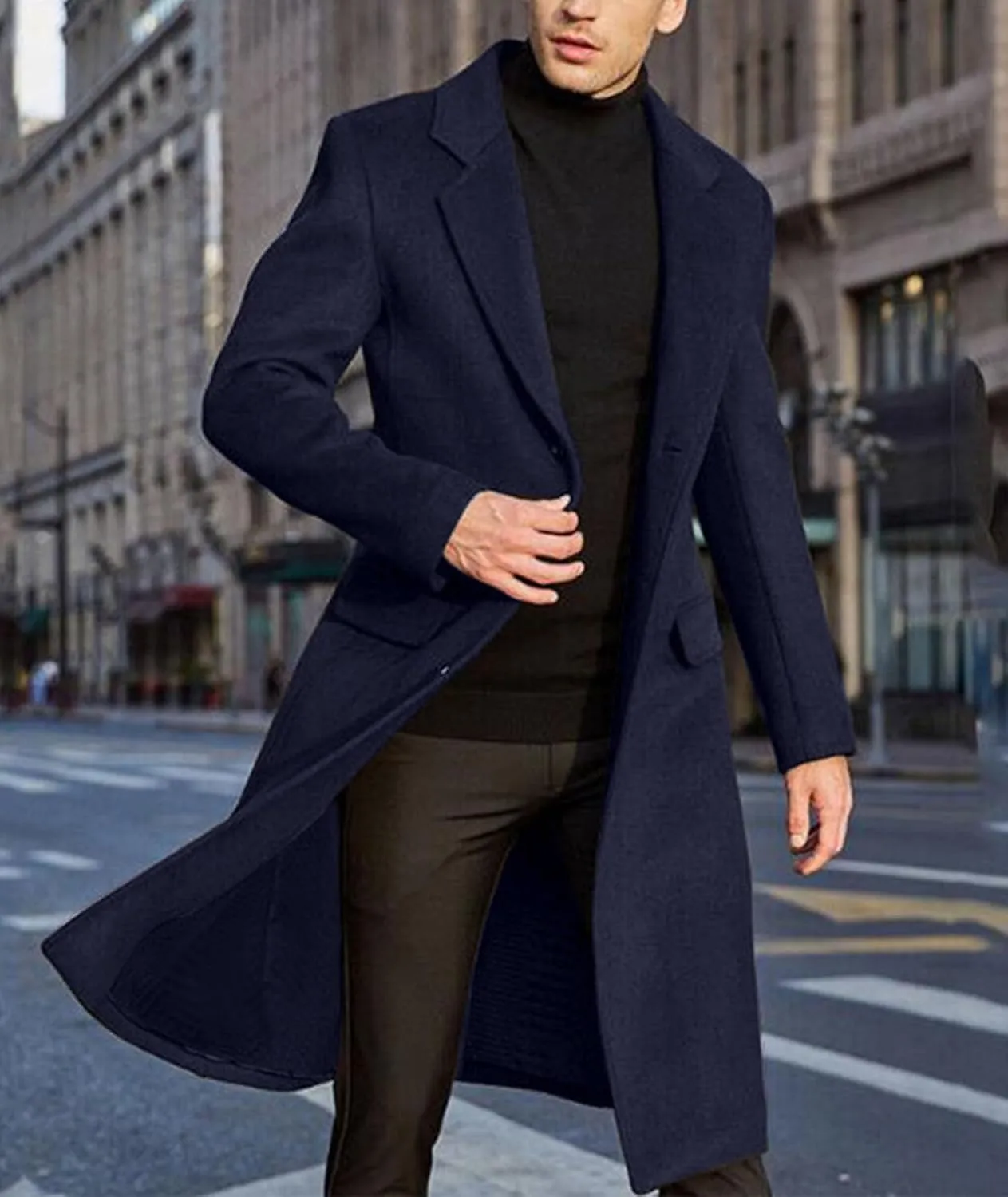 SOMTHRON Men's Casual Trench Coat Slim Fit Notched Collar Long Jacket Overcoat Single Breasted Pea Coat wih Pockets