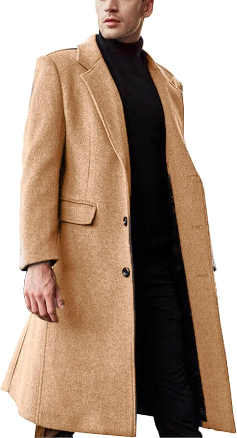 SOMTHRON Men's Casual Trench Coat Slim Fit Notched Collar Long Jacket Overcoat Single Breasted Pea Coat wih Pockets