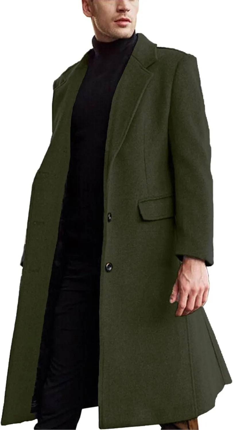 SOMTHRON Men's Casual Trench Coat Slim Fit Notched Collar Long Jacket Overcoat Single Breasted Pea Coat wih Pockets