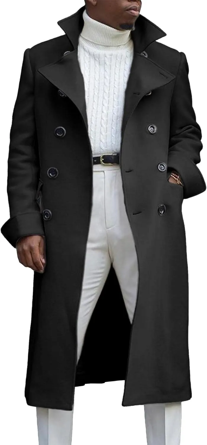SOMTHRON Men's Trench Coat Notch Lapel Double Breasted Casual Cotton Blend Peacoat