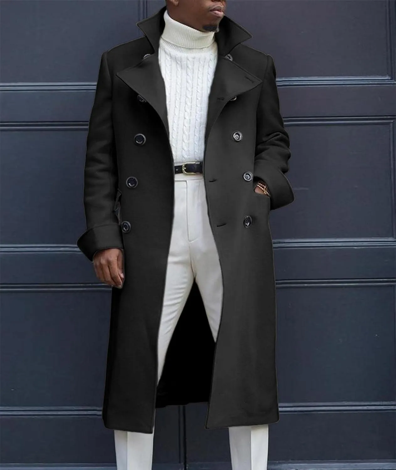 SOMTHRON Men's Trench Coat Notch Lapel Double Breasted Casual Cotton Blend Peacoat