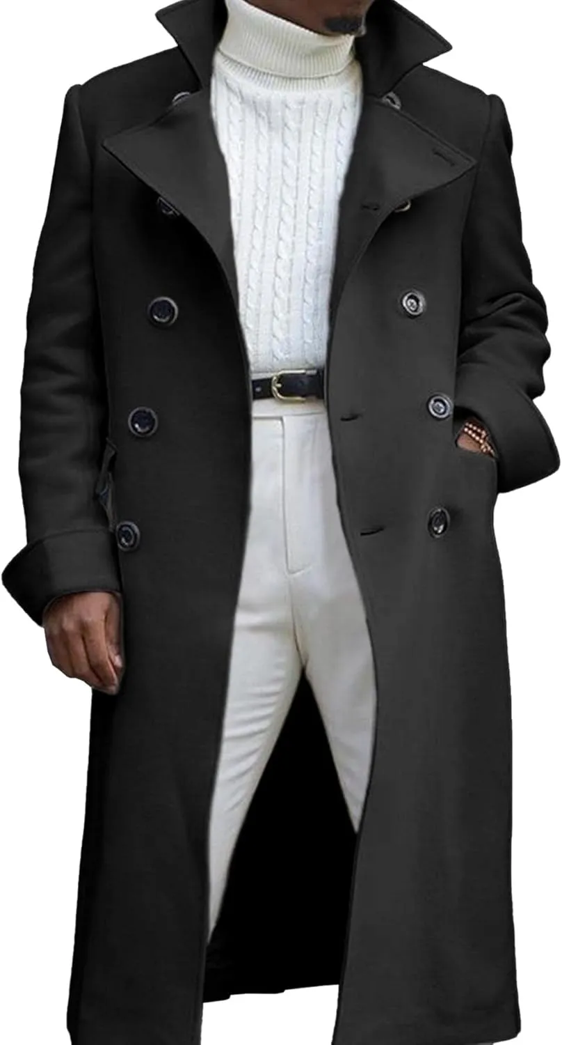 SOMTHRON Men's Trench Coat Notch Lapel Double Breasted Casual Cotton Blend Peacoat