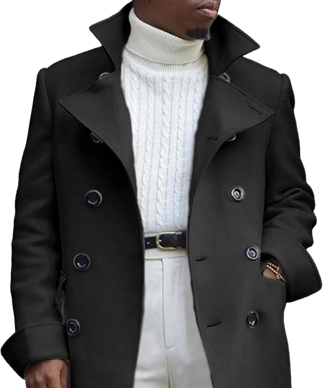 SOMTHRON Men's Trench Coat Notch Lapel Double Breasted Casual Cotton Blend Peacoat