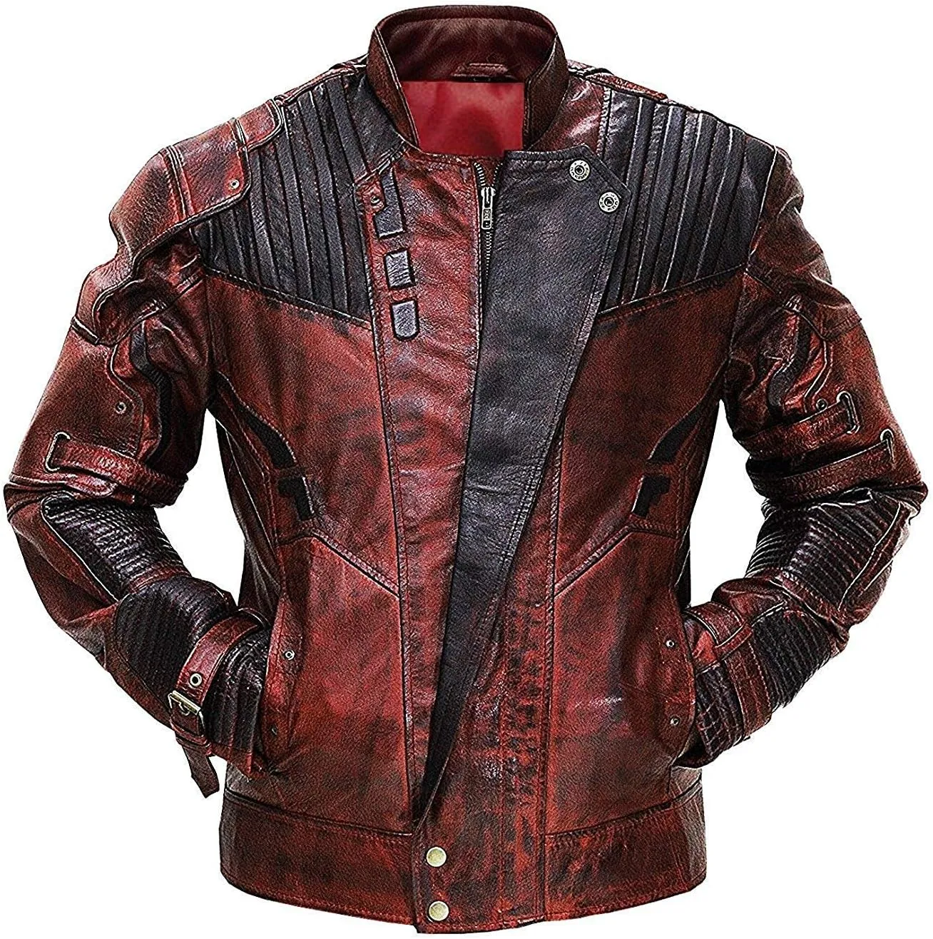 SpazeUp Distressed Red Maroon Leather Jacket Men - Star Superhero Cosplay Costume Jacket Pants