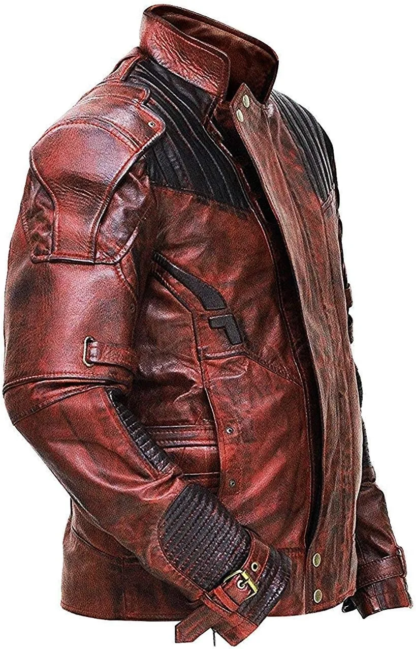 SpazeUp Distressed Red Maroon Leather Jacket Men - Star Superhero Cosplay Costume Jacket Pants