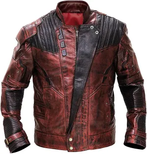 SpazeUp Distressed Red Maroon Leather Jacket Men - Star Superhero Cosplay Costume Jacket Pants