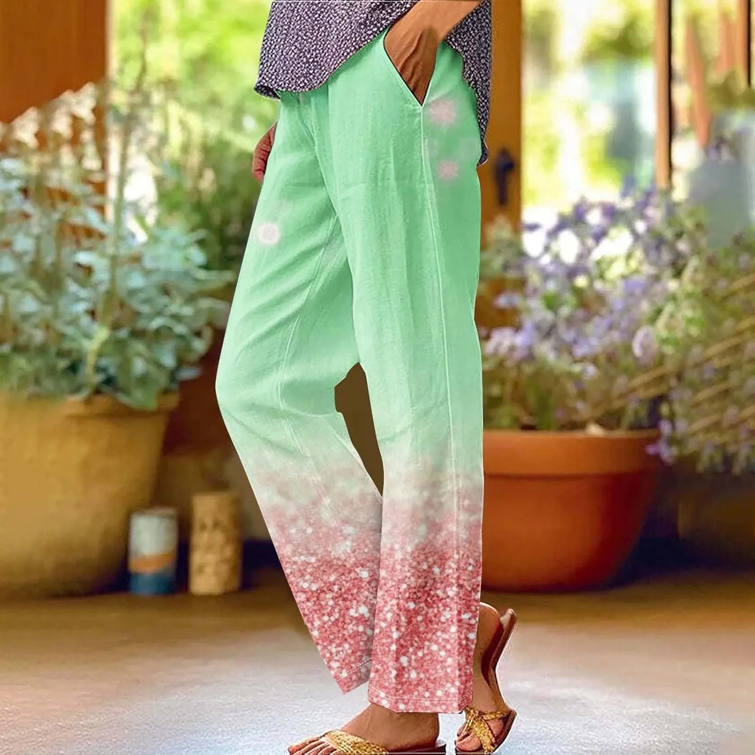 Summer Boho Cotton Linen Pant for Women, Lightweight Elastic Waist Baggy Casual Trousers with Pockets