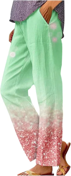 Summer Boho Cotton Linen Pant for Women, Lightweight Elastic Waist Baggy Casual Trousers with Pockets
