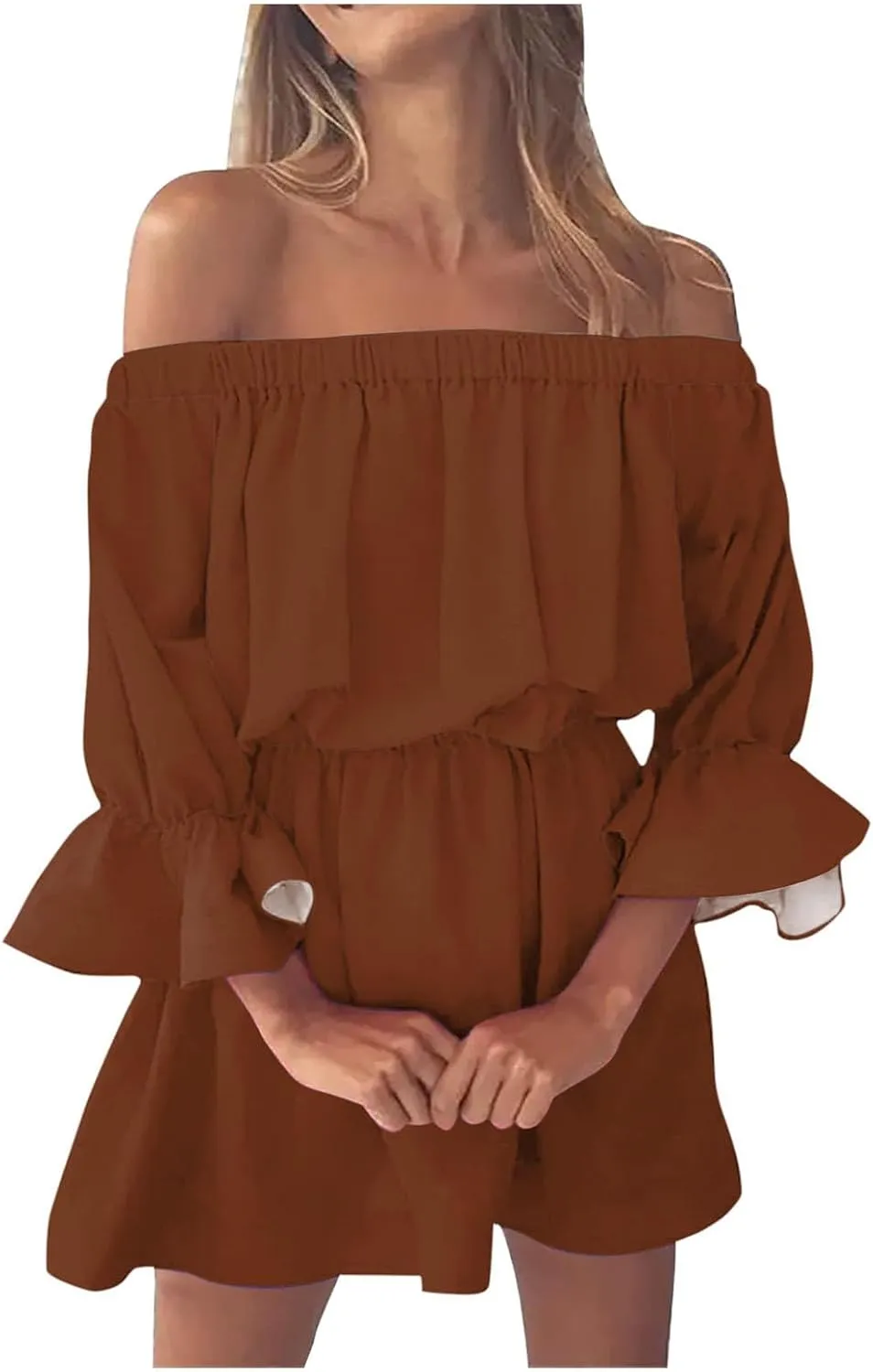 Summer Dresses for Women 2024 Off The Shoulder Ruffle Mini Dress Elastic Waist Long Sleeve Swing Boho Sun Dress