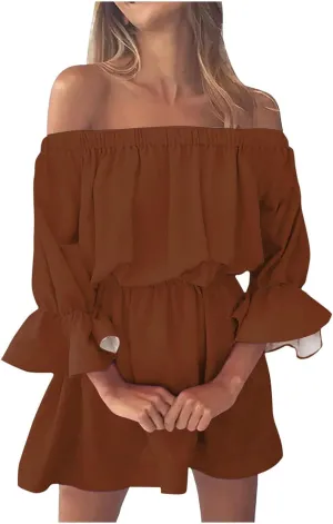 Summer Dresses for Women 2024 Off The Shoulder Ruffle Mini Dress Elastic Waist Long Sleeve Swing Boho Sun Dress