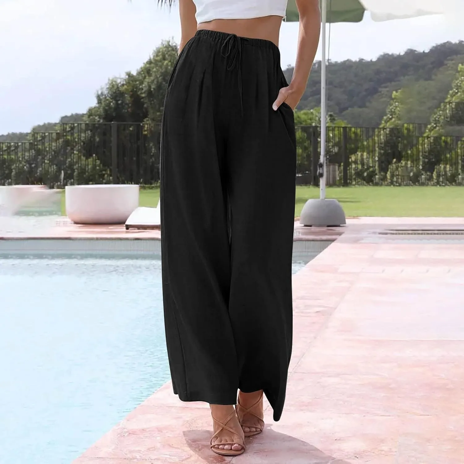 Sweatpants Women Trousers with Pockets Cotton Linen High Waisted Cargo, Travel Pants Wide Leg Summer Petite