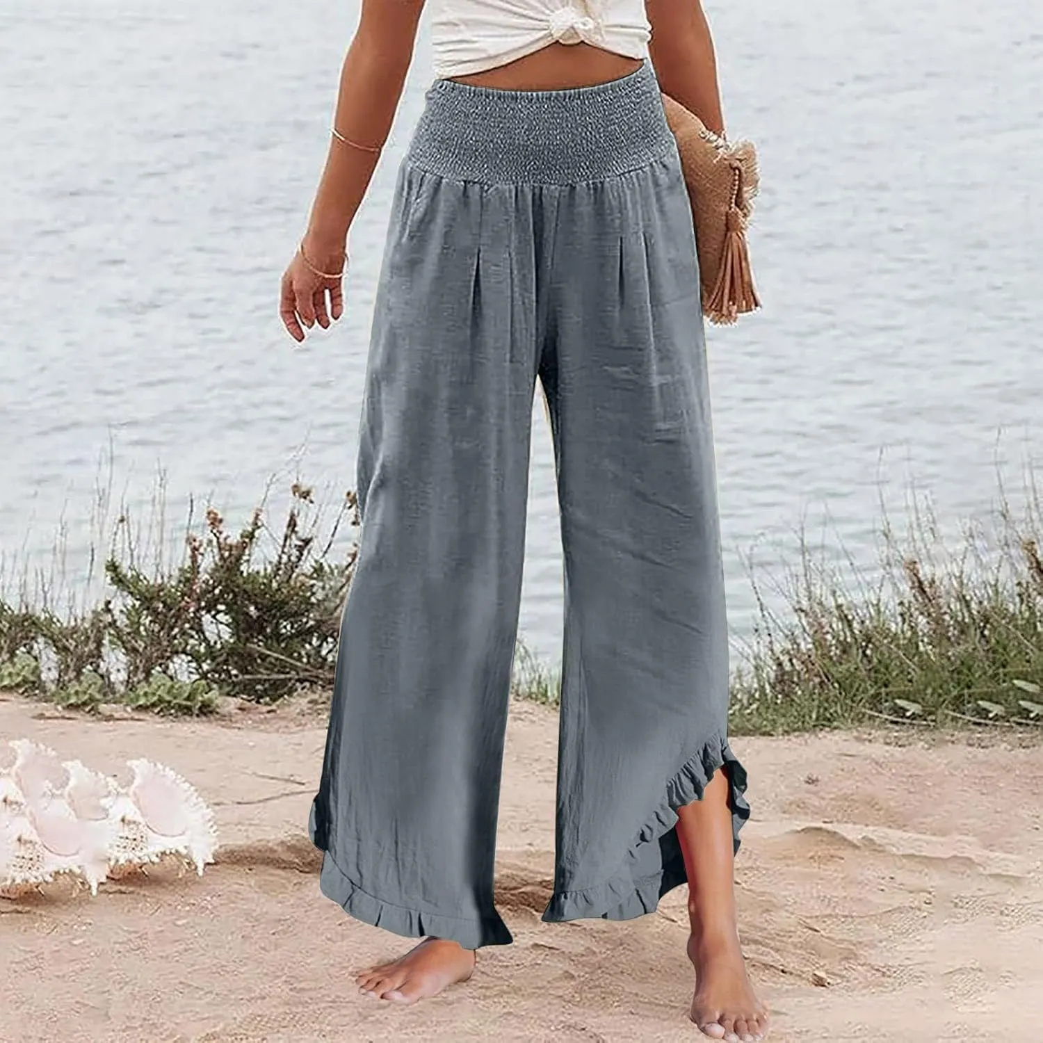 Sweatpants Women,Linen Summer Pants for Women Trendy 2025 Elastic High Waisted Wide Leg Womens Capris with Pockets