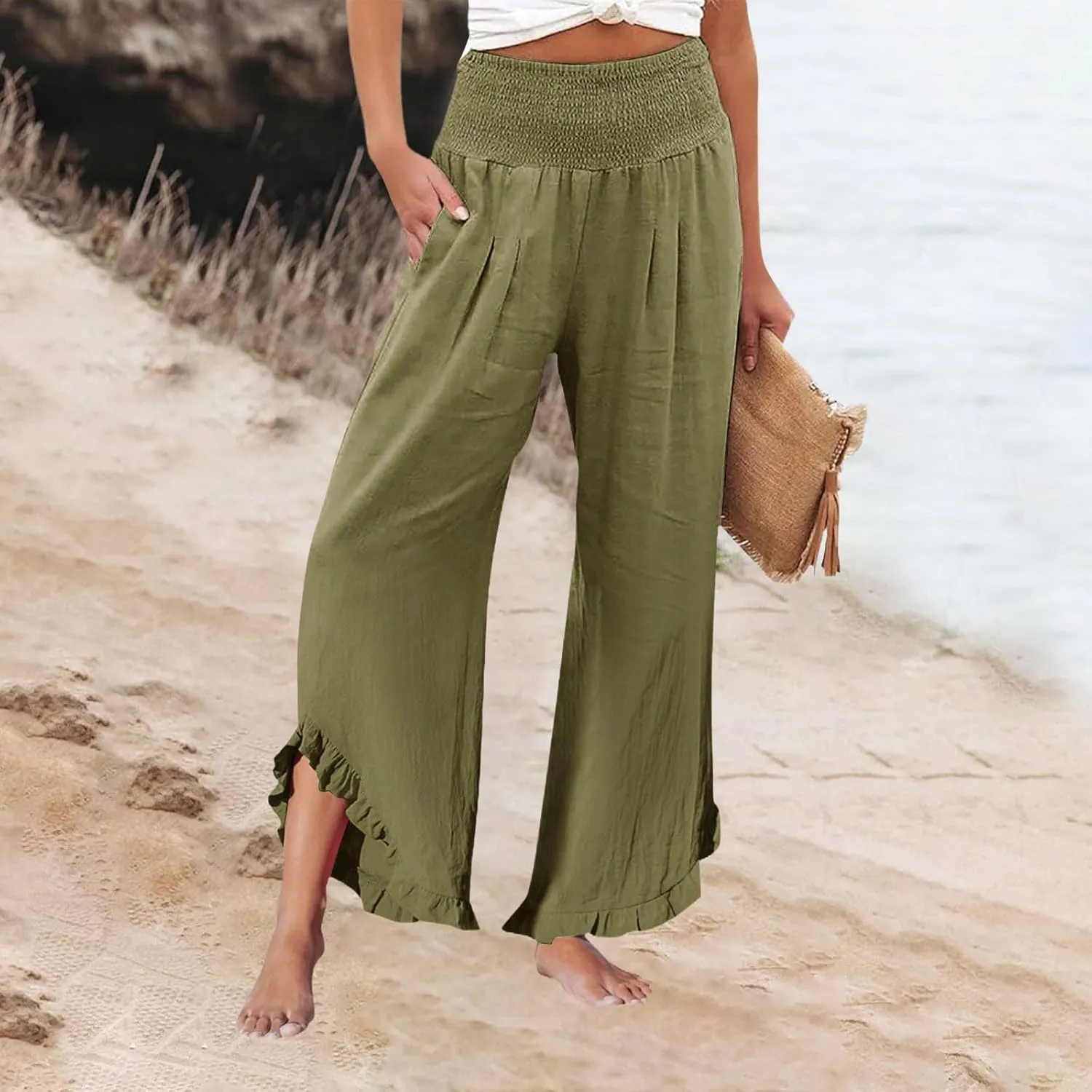 Sweatpants Women,Linen Summer Pants for Women Trendy 2025 Elastic High Waisted Wide Leg Womens Capris with Pockets