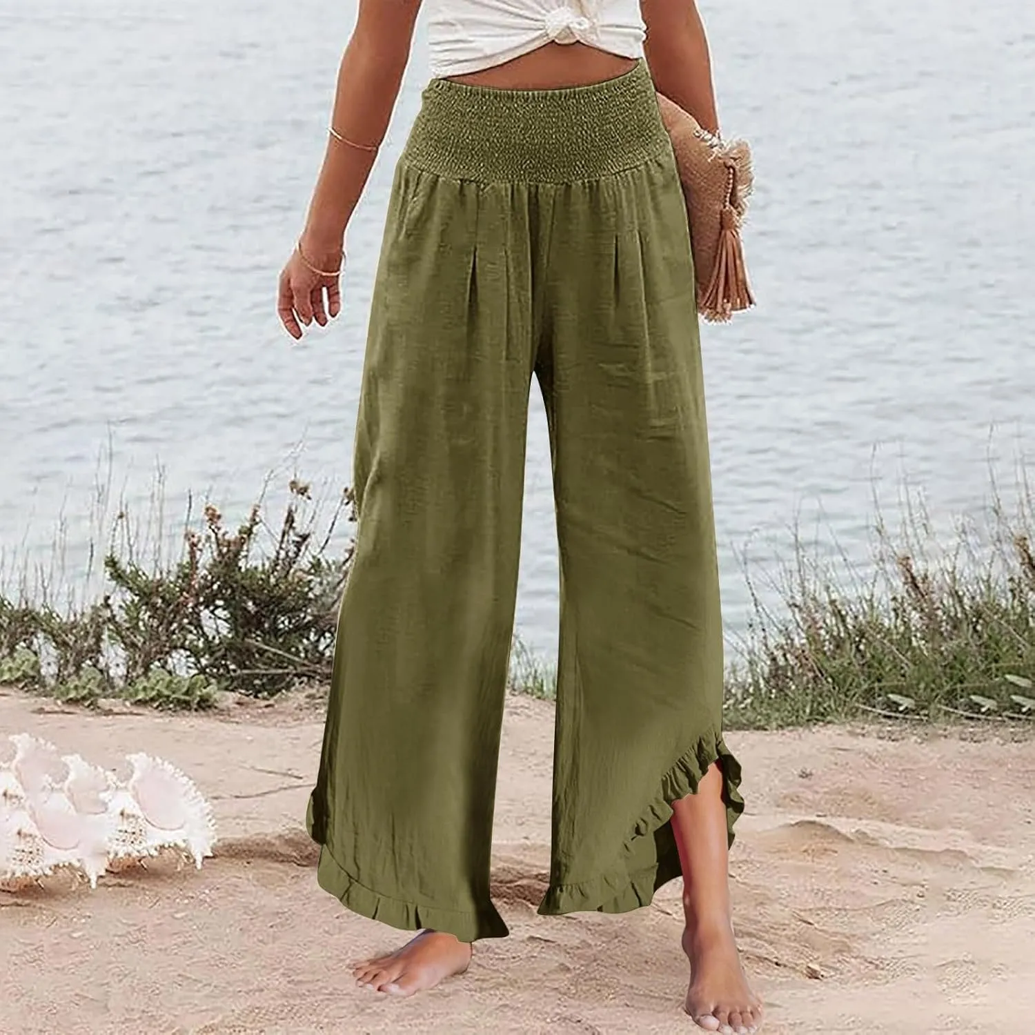 Sweatpants Women,Linen Summer Pants for Women Trendy 2025 Elastic High Waisted Wide Leg Womens Capris with Pockets