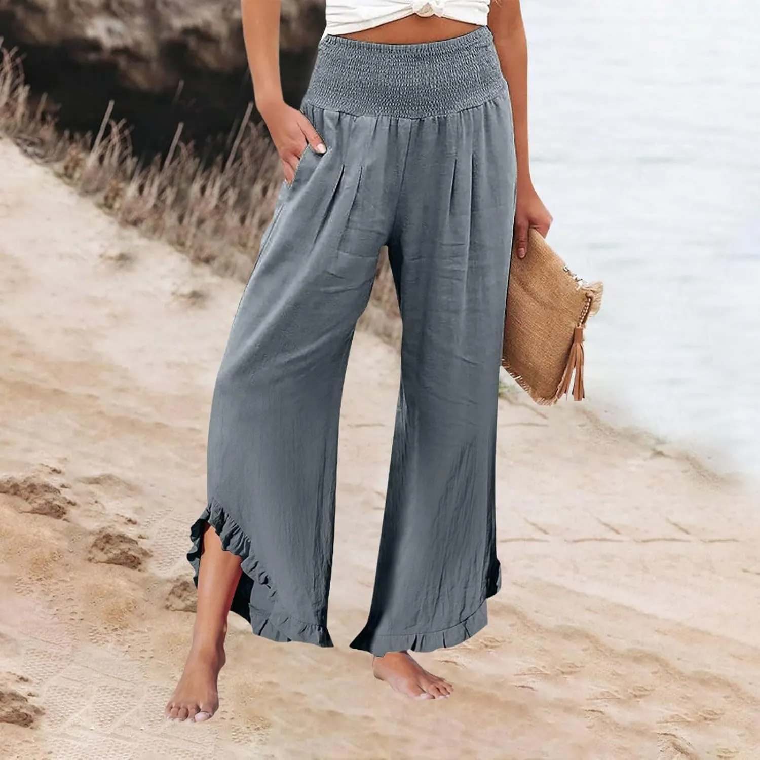 Sweatpants Women,Linen Summer Pants for Women Trendy 2025 Elastic High Waisted Wide Leg Womens Capris with Pockets