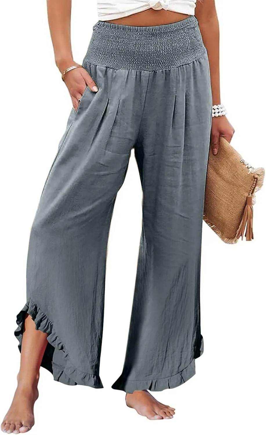Sweatpants Women,Linen Summer Pants for Women Trendy 2025 Elastic High Waisted Wide Leg Womens Capris with Pockets