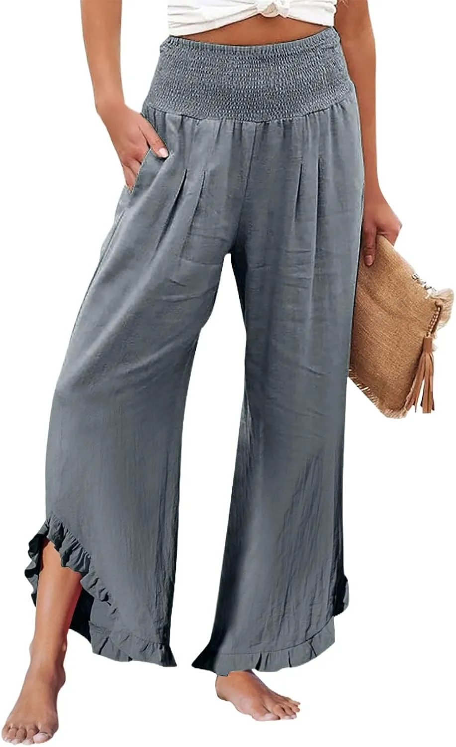 Sweatpants Women,Linen Summer Pants for Women Trendy 2025 Elastic High Waisted Wide Leg Womens Capris with Pockets