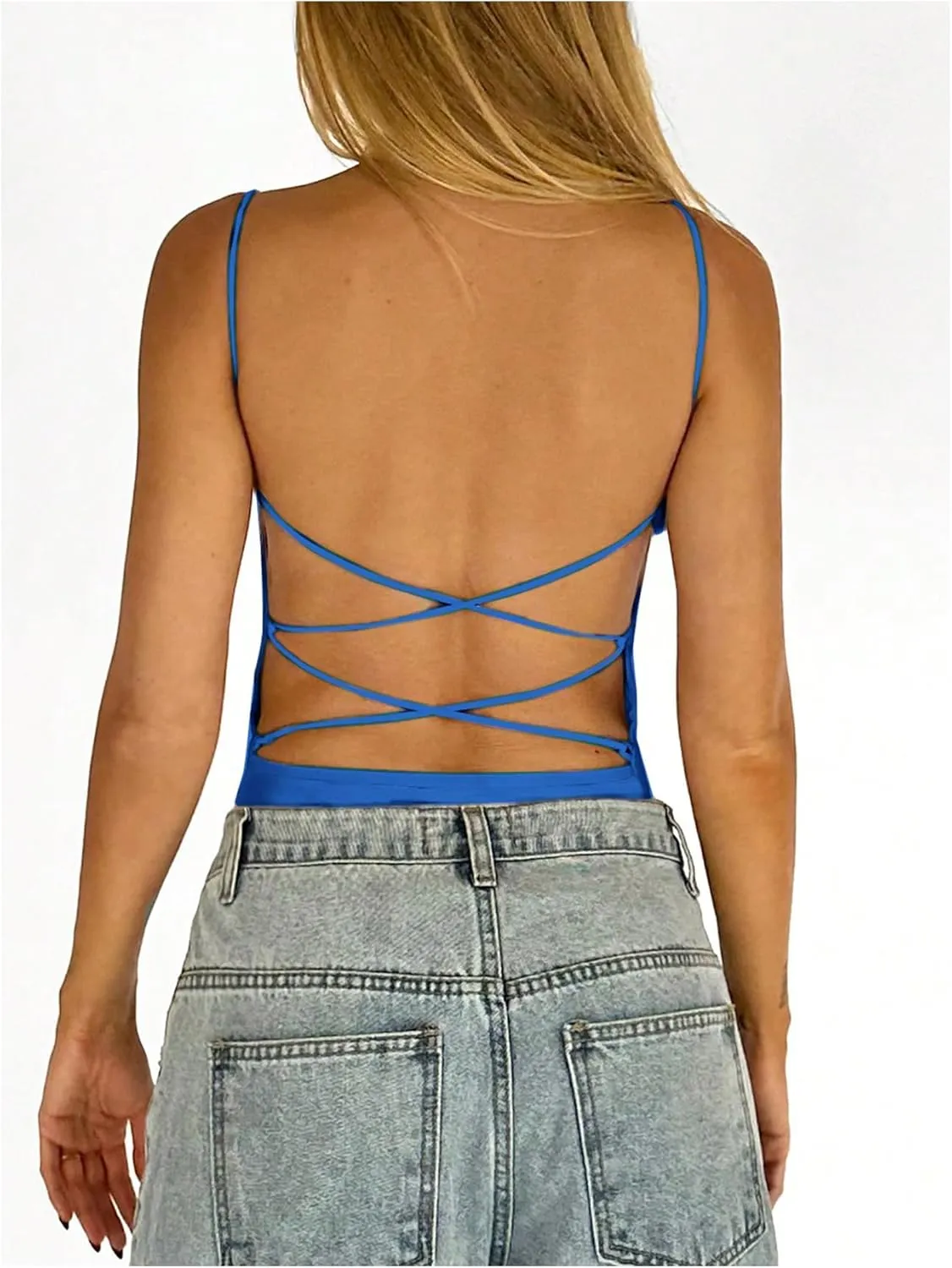 SweatyRocks Women's Backless Camisole Tops Criss Cross Fitted Spaghetti Strap Tank Top
