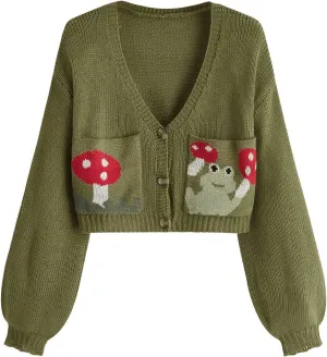 SweatyRocks Women's Color Block Long Sleeve Open Front Cardigan Sweater Knit Crop Top
