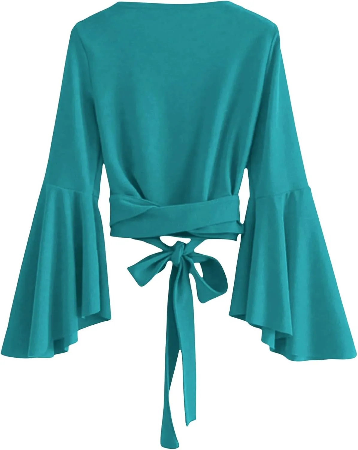 SweatyRocks Women's Long Sleeve V Neck Tie Knot Bandage Wrap Blouse Crop Top