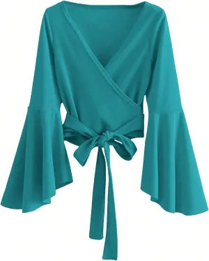 SweatyRocks Women's Long Sleeve V Neck Tie Knot Bandage Wrap Blouse Crop Top