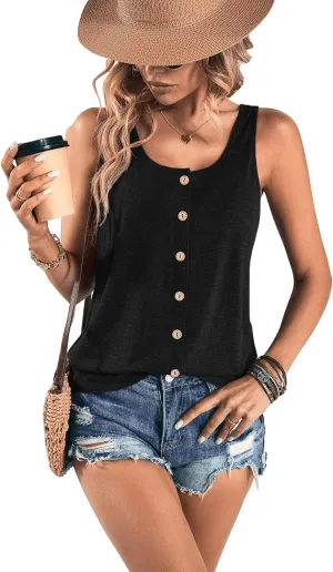 SweatyRocks Women's Scoop Neck Button Front Tank Top Casual Solid Sleeveless T Shirt