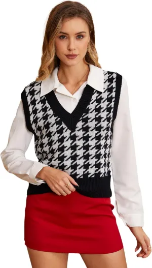 SweatyRocks Women's Sleeveless V Neck Knit Sweater Vest Houndstooth Crop Tank Top