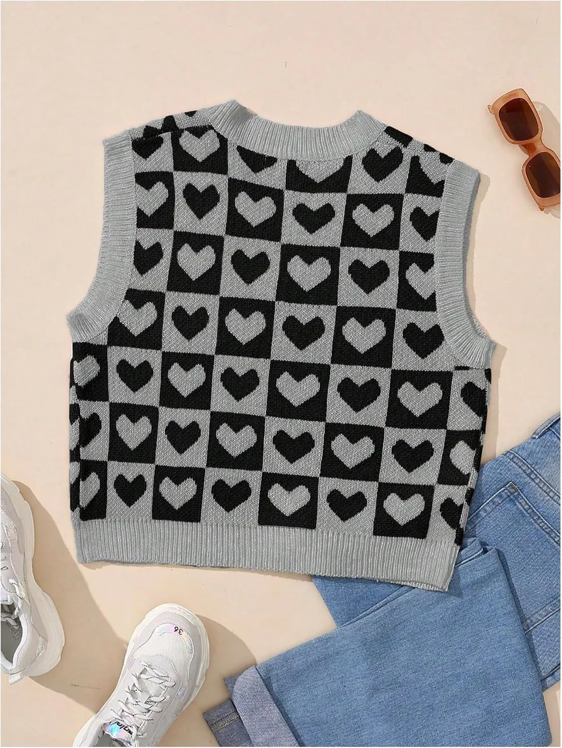 SweatyRocks Women's Sleeveless V Neck Knit Sweater Vest Houndstooth Crop Tank Top