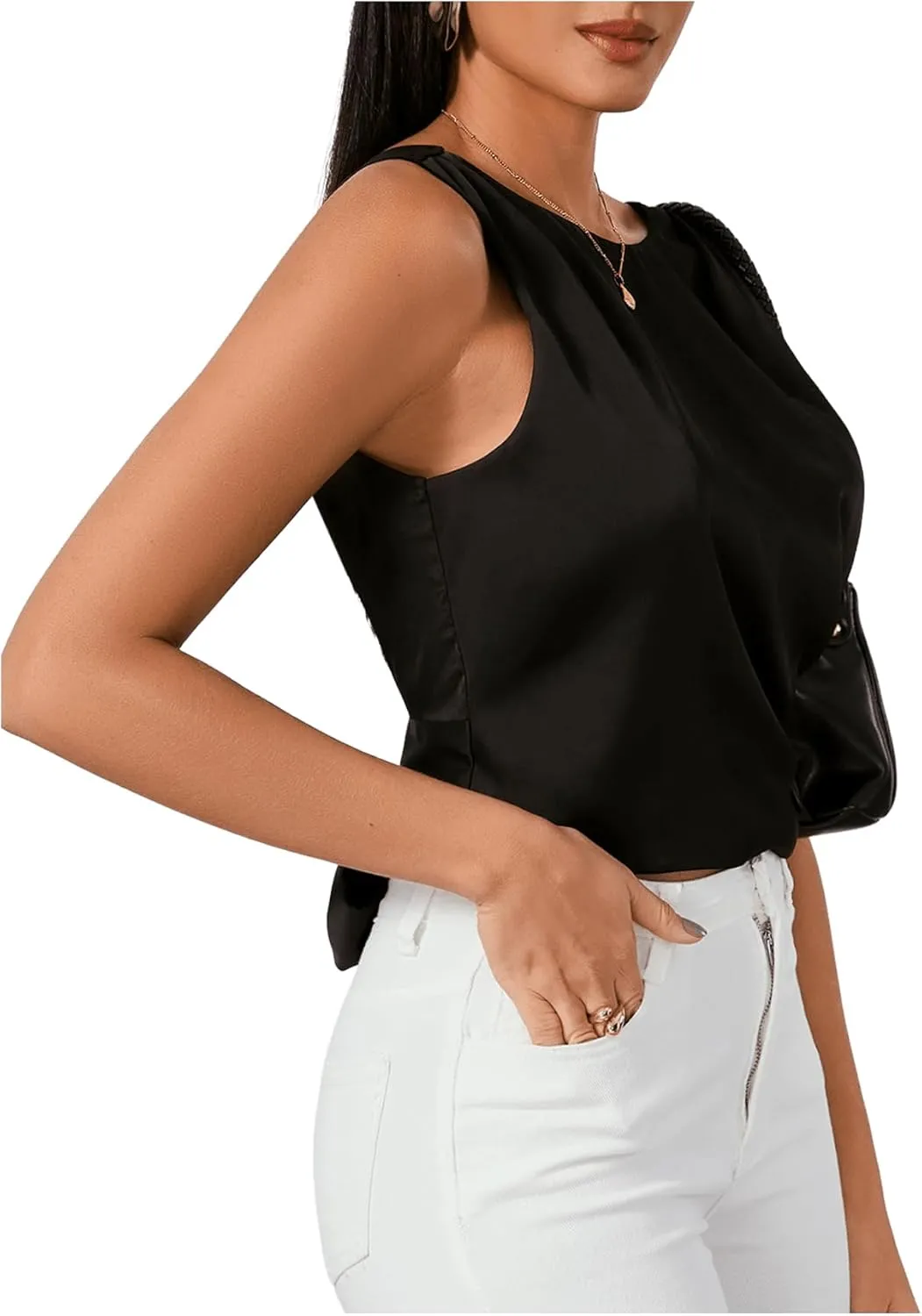 SweatyRocks Women's Tie Backless Round Neck Satin Blouses Shirts Ruched Sleeveless Tank Top