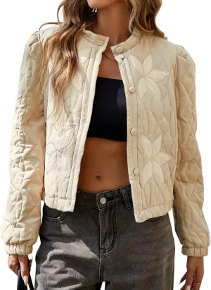Tankaneo Womens Casual Cropped Bomber Quilted Jacket Embroidery Lightweight Button Down Warm Winter Coats