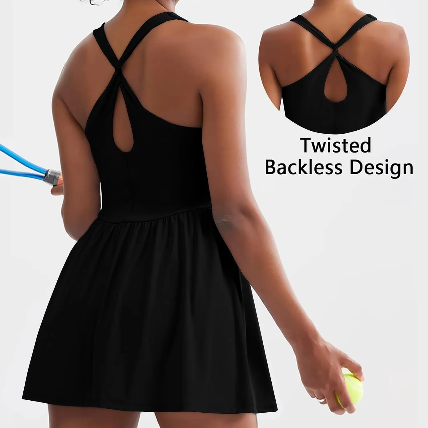 Tennis Dress for Women with Built in Shorts Cross Back Sleeveless Romper Pleated Golf Athletic Workout Dresses