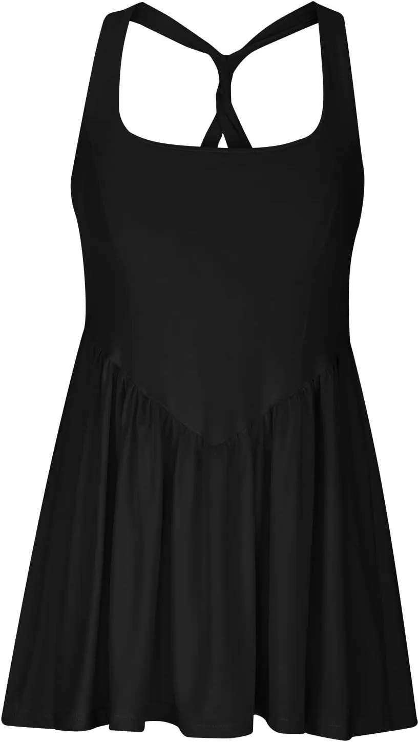 Tennis Dress for Women with Built in Shorts Cross Back Sleeveless Romper Pleated Golf Athletic Workout Dresses