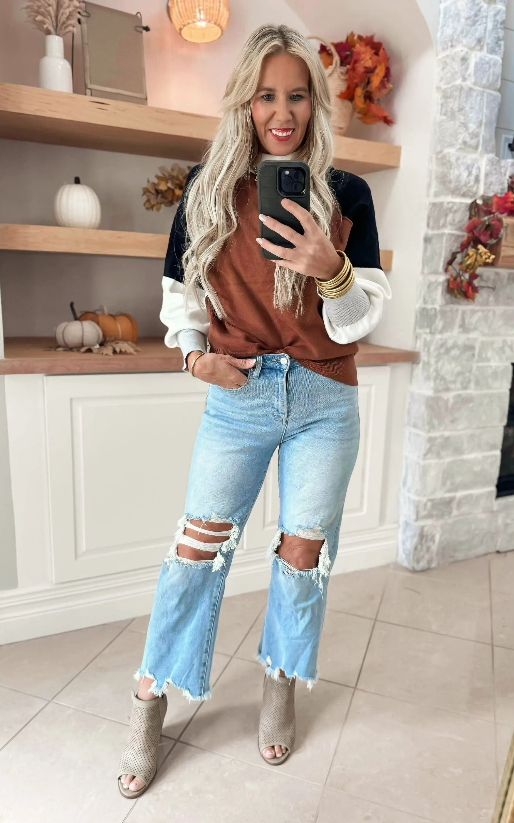 Terracotta Colorblock Mock Neck Sweater Top