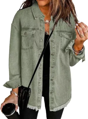 The Beauty North Denim Jacket, Women's Oversized Fringed Denim Jacket with Pockets,Women's Ripped Denim Jacket
