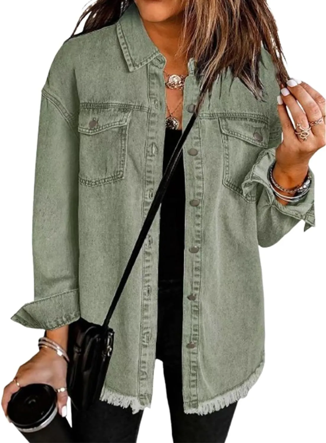 The Beauty North Denim Jacket, Women's Oversized Fringed Denim Jacket with Pockets,Women's Ripped Denim Jacket