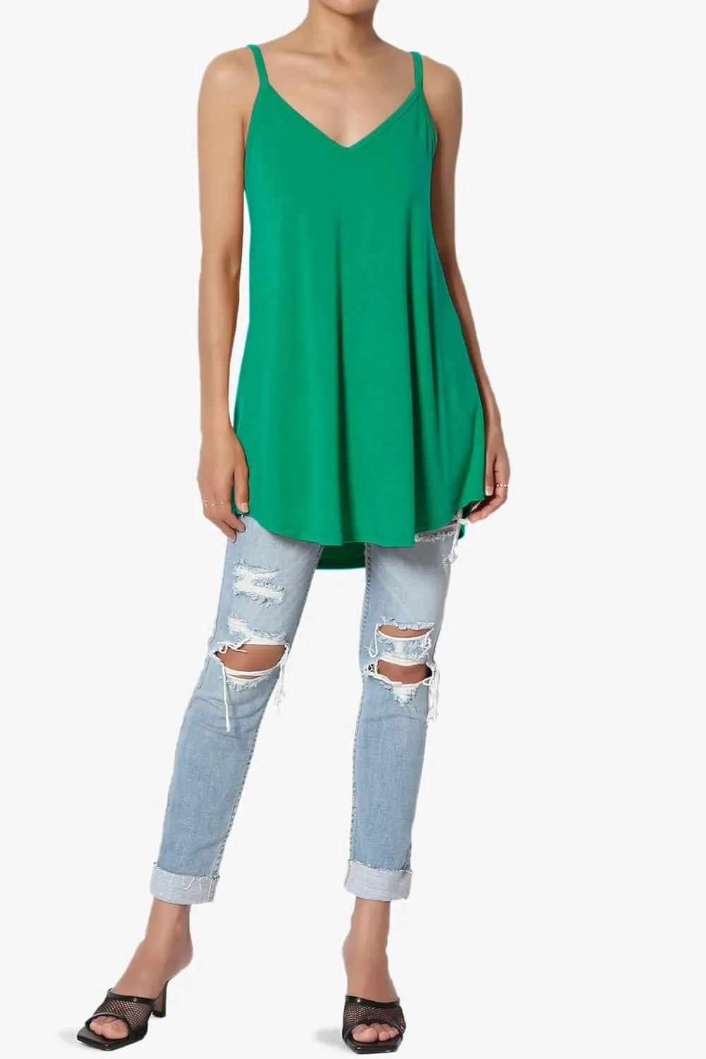 TheMogan Women's Scoop V Neck Stretch Draped Jersey Flared Camisole Tunic Top