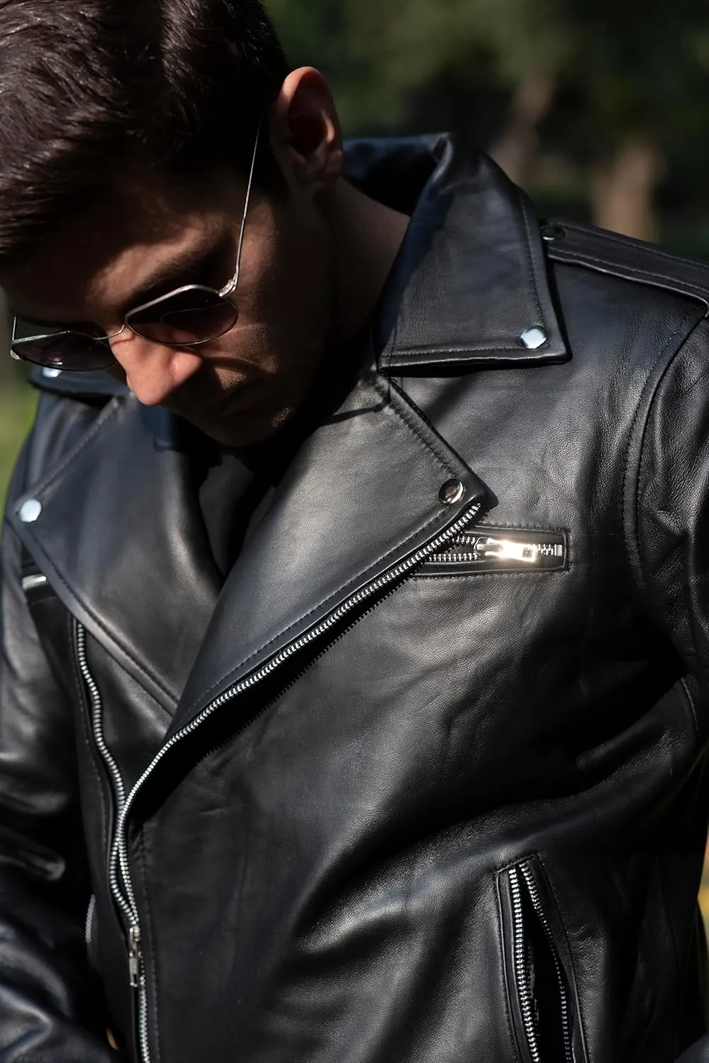 TLC leather biker jacket men - Black men's biker jacket with Notch Lapel Collar and Zipper Cuff