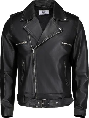 TLC leather biker jacket men - Black men's biker jacket with Notch Lapel Collar and Zipper Cuff