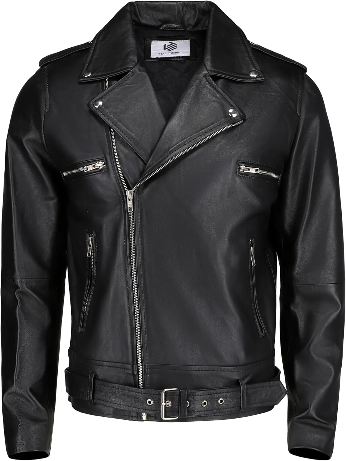 TLC leather biker jacket men - Black men's biker jacket with Notch Lapel Collar and Zipper Cuff