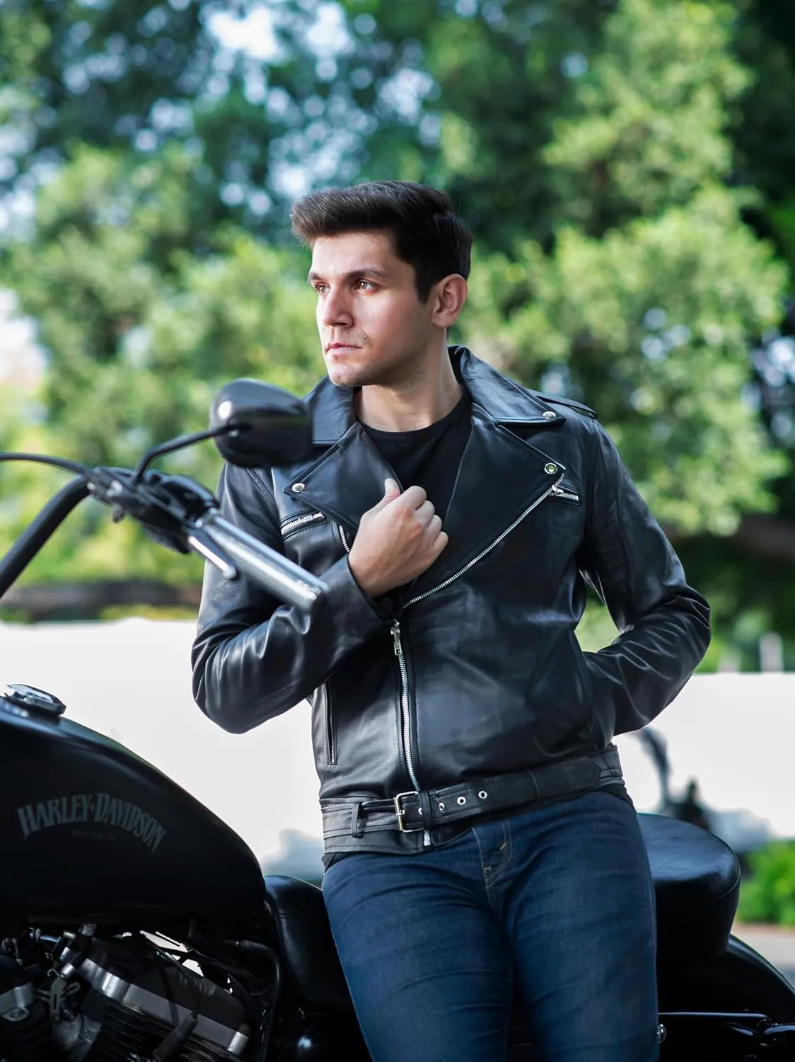 TLC leather biker jacket men - Black men's biker jacket with Notch Lapel Collar and Zipper Cuff