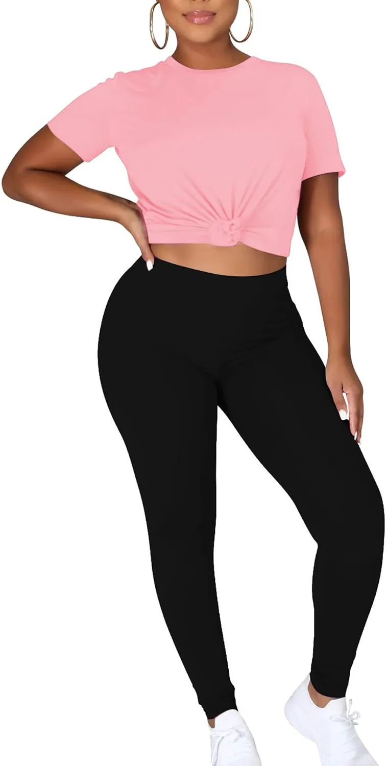 TOPONSKY Women Two Piece Workout Outfits Sports Long-Pants & Short-Top Sets
